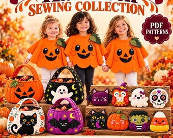 Halloween Sewing Patterns PDF Bundle: Kids Pumpkin Poncho, Felt Pouches & Treat Baskets