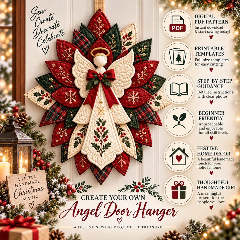 Christmas Angel Door Hanger Sewing Pattern PDF, Quilted Poinsettia Wreath, A4 Printable Templates