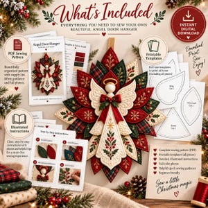 Christmas Angel Door Hanger Sewing Pattern PDF, Quilted Poinsettia Wreath, A4 Printable Templates
