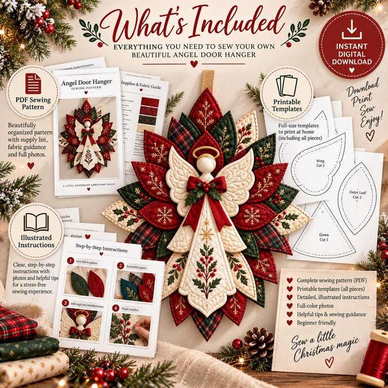 Christmas Angel Door Hanger Sewing Pattern PDF, Quilted Poinsettia Wreath, A4 Printable Templates