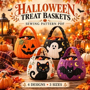 Pode incluir: Um molde de costura em PDF para cestas de doces de Halloween com quatro designs e três tamanhos. A imagem mostra quatro cestas de tecido acolchoado: uma abóbora laranja, um fantasma preto com estrelas, um gato branco e um morcego roxo.