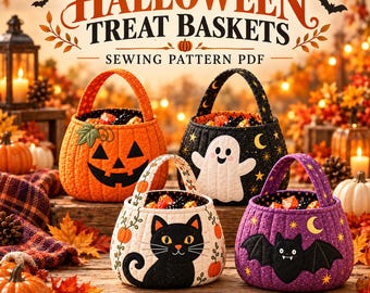 Halloween Treat Basket Sewing Pattern PDF, 4 Quilted Designs, 3 Sizes, A4 Templates