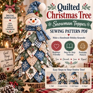 May include: A quilted Christmas tree snowman topper sewing pattern PDF featuring a snowman with a blue hat and scarf atop a tree made of layered fabric triangles in blue, green, and beige with snowflake and tree prints and wooden buttons.