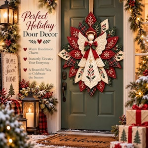 Christmas Angel Door Hanger Sewing Pattern PDF, Quilted Poinsettia Wreath, A4 Printable Templates
