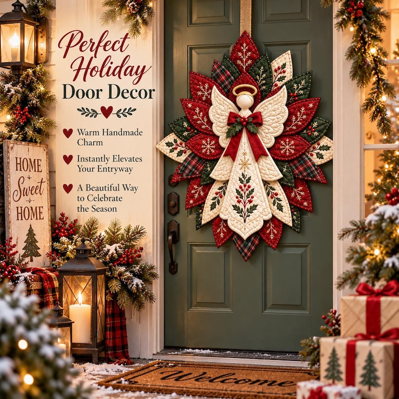 Christmas Angel Door Hanger Sewing Pattern PDF, Quilted Poinsettia Wreath, A4 Printable Templates