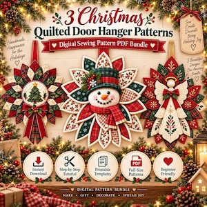 May include: A digital sewing pattern PDF bundle featuring 3 Christmas quilted door hanger patterns. The designs include a tree, a snowman, and an angel, all decorated with red, green, and white fabric. Text includes 3 Christmas Quilted Door Hanger Patterns.