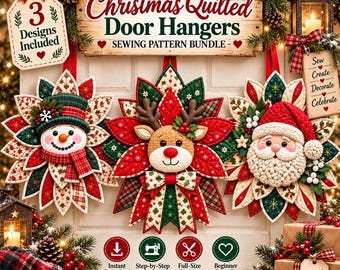 Christmas Quilted Door Hangers Sewing Pattern Bundle, Snowman Reindeer Santa PDF