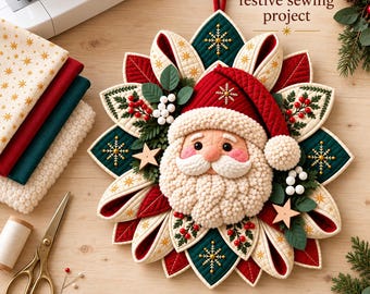 Santa Door Hanger Sewing Pattern PDF, Quilted Christmas Wreath with Printable Templates