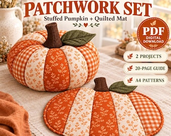 Fabric Pumpkin Sewing Pattern PDF, Stuffed Patchwork Pumpkin & Quilted Mat, Fall Thanksgiving Decor