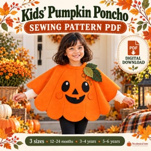 Naaipatroon voor een pompoenponcho voor kinderen (PDF), Halloweenkostuum, 3 maten, leeftijd 1-6 jaar