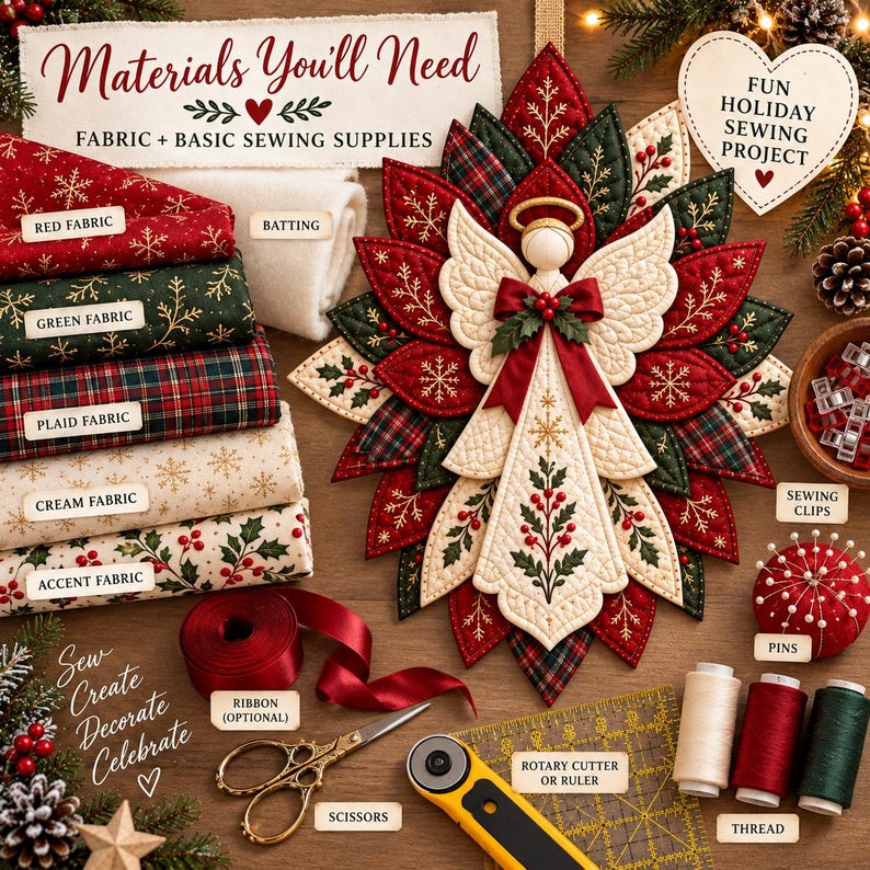 Christmas Angel Door Hanger Sewing Pattern PDF, Quilted Poinsettia Wreath, A4 Printable Templates