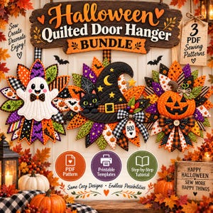 Może przedstawiać: Zestaw pikowanych zawieszek na drzwi na Halloween z trzema wzorami z tkaniny: białym duszkiem, czarnym kotem w kapeluszu czarownicy oraz pomarańczową dynią. Zawiera wykroje krawieckie w formacie PDF, szablony do druku i instrukcje krok po kroku.