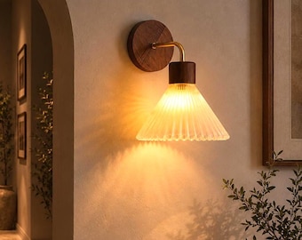 Arandela de parede plissada em madeira maciça - Arandela artesanal vintage em tecido com pétalas para quarto, iluminação de parede