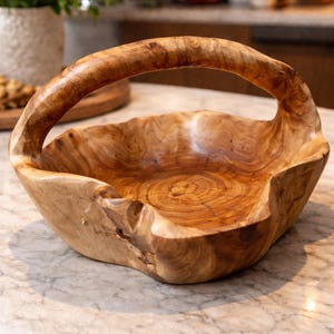 Könnte beinhalten: Eine handgeschnitzte Holzschale mit natürlichem Finish. Die Schale hat einen großen, gebogenen Griff und eine breite, unregelmäßige Form. Die Holzmaserung ist sichtbar und zeigt ihre natürliche Schönheit. Ideal zum Servieren oder Dekorieren.