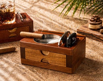 Handmade Acacia Wood Ashtray & Glass Holder, Personalized Cigar Tray, Luxury Gifts for Men, Multifunction Smoker Set