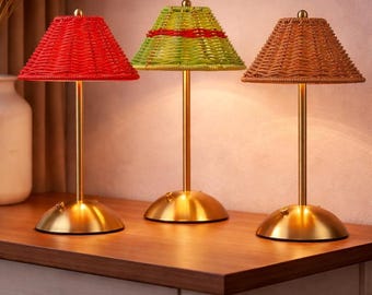 Handwoven Rattan Lamp, Wicker Table Lamp Set, Boho Bedside Light, Rustic Desk Lamp, Brass Base Decor