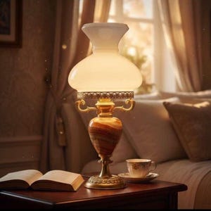 Vintage Onyx Table Lamp Brass Base White Opaline Glass Shade Marble Bedside Lamp Art Deco Style