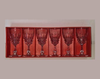 6er-Set Crystal d'Arques Pompadour Kristall-Weingläser, rote Schachtel, Vintage Frankreich