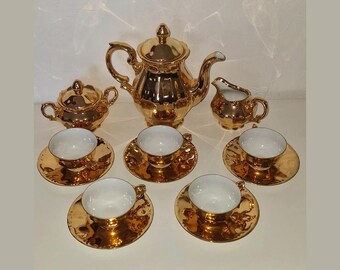 Juego de café antiguo de porcelana dorada de Baviera, 5 tazas