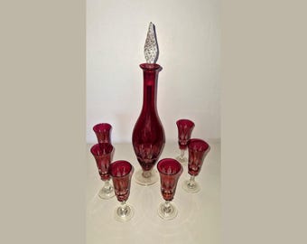 Vintage 1970s boho-style cut and engraved glass carafe and 6 glasses in ruby red.