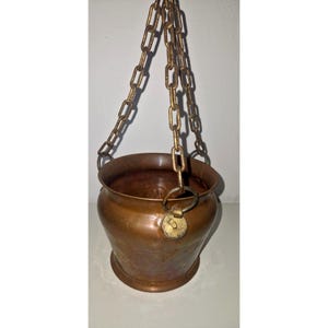 Cache-pot Suspendu Ancien en Cuivre Martelé avec Chaîne Vintage Jardinière