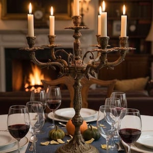 Antique French Bronze Candelabra, 5 Arms, Large Candle Holder, Vintage Empire Style Table Centerpiece, Brass Patina, French Decor