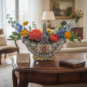 May include: A decorative ceramic flower basket filled with colorful flowers, including orange, yellow, and blue blooms. The basket has a detailed floral and crest design. A small card with text sits on the wooden table.