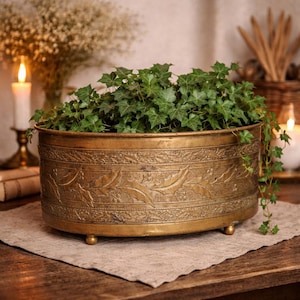 Può includere: Un'aiuola in ottone con un motivo a foglie in rilievo, piena di edera verde. L'aiuola di forma ovale poggia su piccoli piedini arrotondati. Lo sfondo comprende candele e un bouquet di fiori bianchi, creando un'atmosfera calda.