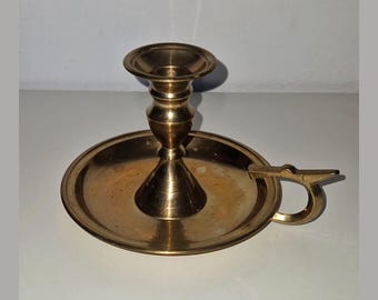Antiker Messing-Kerzenständer mit Tropfschale, Ringgriff und Balusterstiel, Vintage