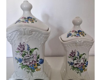 Paar Vintage-Zucker- und Teedosen aus Delfter Kunsthandwerk, florale Fayence, Teezucker