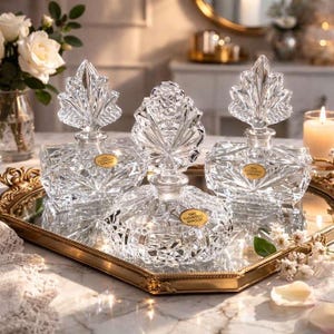 Vintage German Lead Crystal Set 2 Perfume Bottles Trinket Box Echt Bleikristall Cut Glass Vanity Dressing Table image 1