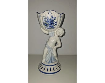 Capodimonte Porzellan-Putto-Vase, blau-weißer Blumen-Cherub-Pflanztopf, hergestellt in Italien, signiert