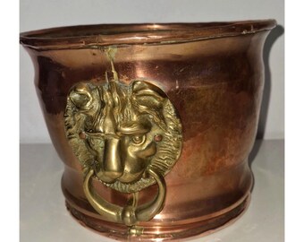 Vintage Gilde Handwerk Copper Planter Lion Heads Brass Registered Design German Cachepot Farmhouse
