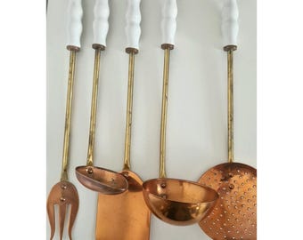 French Vintage Copper & Brass Kitchen Utensil Set, White Porcelain Handles, 5 Pieces