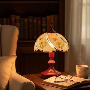 Vintage Touch Lamp Tiffany Style Red Glass Floral Painted Shade Art Deco Table Lamp Working Butterfly Flowers