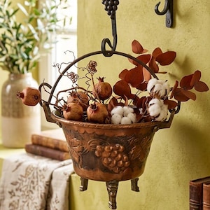 Antique Copper Repoussé Hanging Planter Grape Vine Decor Three Legs French Rustic Wall Pot 19th Century