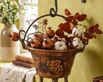 Antique Copper Repoussé Hanging Planter Grape Vine Decor Three Legs French Rustic Wall Pot 19th Century