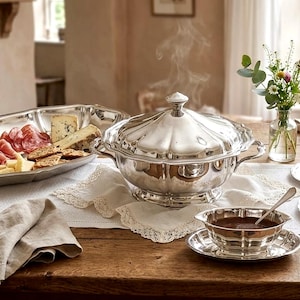 Peut inclure: Un plat de service argenté avec un couvercle, une saucière et un plateau sont posés sur une table en bois. Le plat de service a un design festonné et dégage de la vapeur. La saucière est remplie d'une sauce foncée et contient une cuillère.