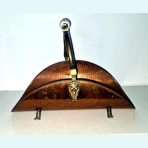 Antique Hammered Copper Log Holder, Half-Moon Shape — Lion Head Mascaron, Lion Paw Feet, Brass and Porcelain Handle