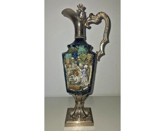 Vintage italienische Weinkanne aus Keramik und Silber, handbemaltes Motiv der Weinlese, hergestellt in Italien