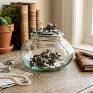 Pode incluir: Um frasco de vidro transparente com tampa prateada com design de caracol e floral. O frasco contém botões brancos e enfeites florais prateados. Uma etiqueta diz "Petits Trésors".