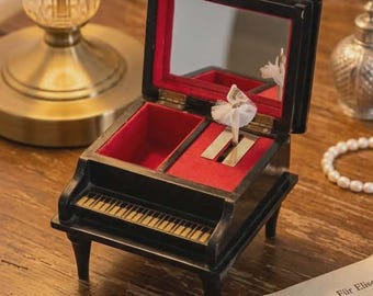 Vintage Japanese Musical Jewelry Box Piano Shape Ballerina Mirror Hand Painted