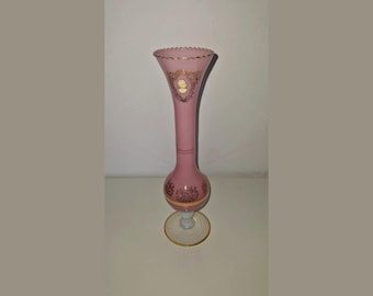 Vintage Italian 1970s pink opaline glass vase with cameo and gold trim /