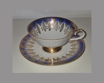Bavaria Porzellantasse mit Untertasse und geometrischem Vintage-Dekor in Kobaltblau und Gold