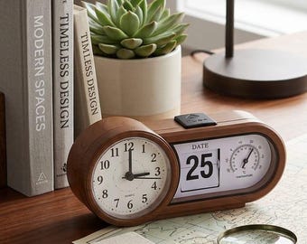Vintage Jaz Tischuhr mit Kalender und Temperaturanzeige, Quarz, Retro-Bürouhr