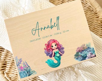 Personalized Baby Keepsake Box, Mermaid Design | Personalized Wooden Box with Name | Wooden Gift Box for Storage