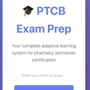 Puede incluir: Interfaz de aplicación móvil con fondo blanco y degradado púrpura. El título de la aplicación es "PTCB Exam Prep" con un icono de birrete. La aplicación ofrece un sistema de aprendizaje adaptativo completo para la certificación de técnico de farmacia.