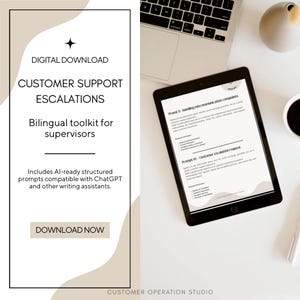 Può includere: Grafica per download digitale con il testo "CUSTOMER SUPPORT ESCALATIONS" e "Bilingual toolkit for supervisors". Include prompt compatibili con ChatGPT. Un tablet mostra un documento. Sono visibili anche un laptop e una tazza di caffè.