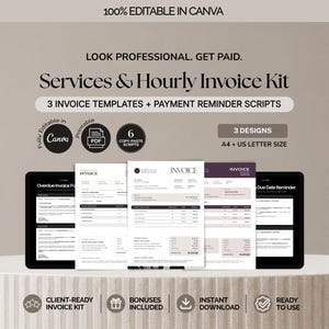 Puede incluir: Un kit de facturación de servicios y horas con tres plantillas editables en tamaños A4 y carta de EE. UU. El kit incluye guiones de recordatorio de pago, es totalmente editable en Canva y proporciona archivos PDF imprimibles para facturación.