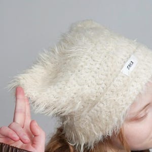 Cream Faux Fur Cat Ear Beanie, Wool Alpaca Blend, "Ushba"